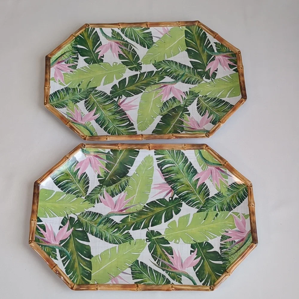 Tommy Bahama Set Of 2 Palm Leaves & Birds Of Paradise Melamine 16